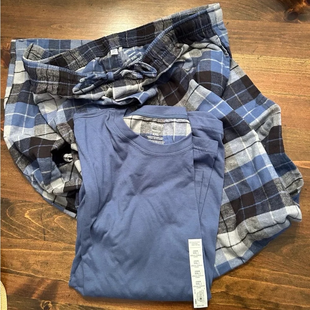 Sonoma Men Lightweight Pajamas Set Blue Plaid Pants Elbow Sleeve T-Shirt ~ XXL